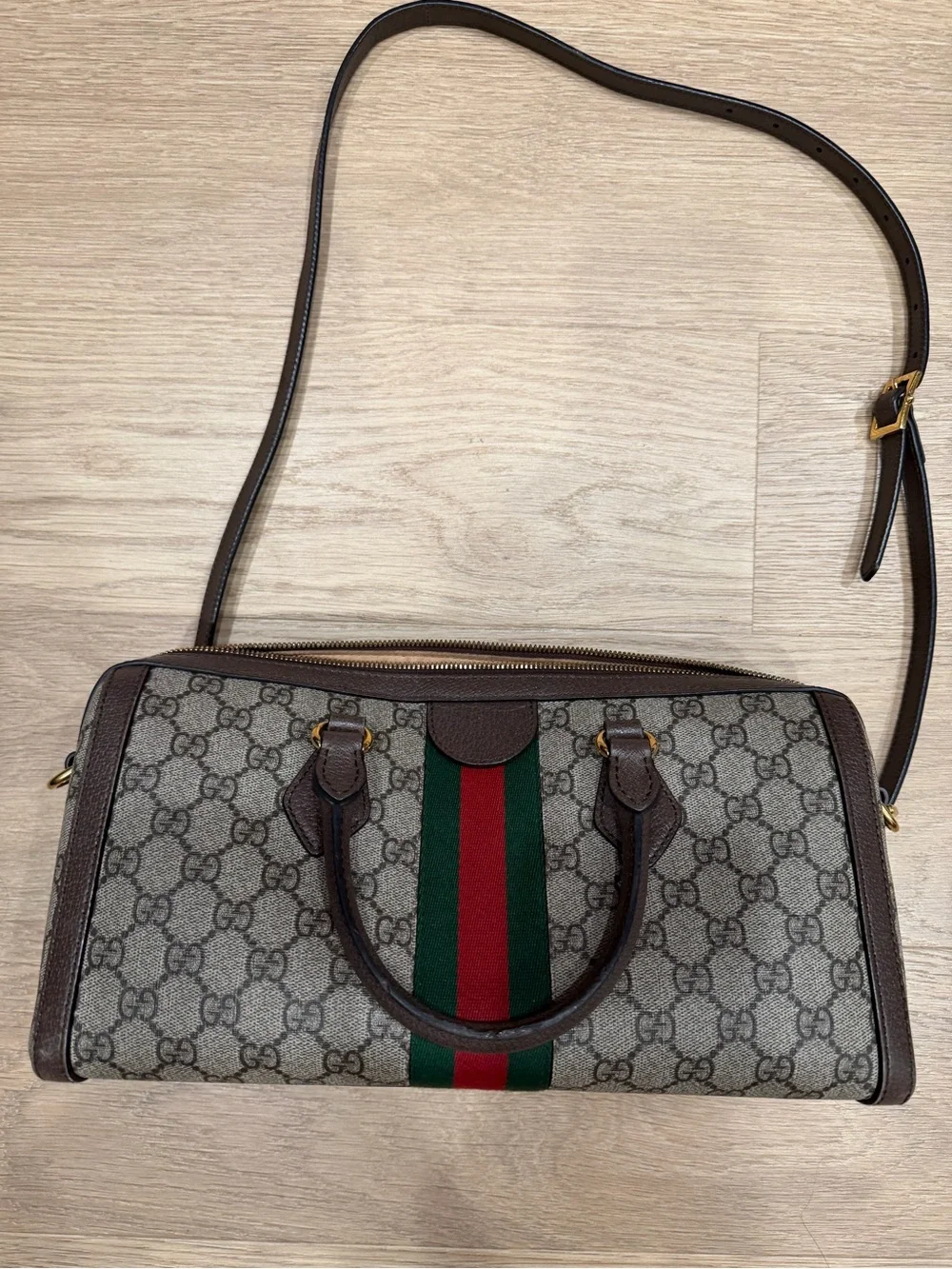 Gucci Brown Monogram Canvas Shoulder Bag with Green & Red Web